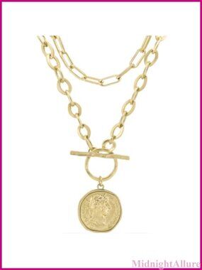 18K Gold Plated Chunky Coin Necklace Toggle Chain Vintage Statement 18 Inch